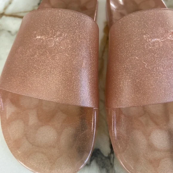 SPARKLY COACH SHOES 9 Glittery Rose Gold Slide Sandals - Picture 2 of 4